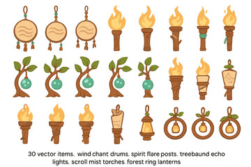 A collection of mystical and rustic icons featuring wind chant drums, flame torches, glowing tree ornaments, and forest lanterns.