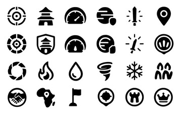 A collection of bold, black icons depicting elements such as targets, buildings, weather conditions, weapons, and locations, all designed with a sleek, minimalistic aesthetic.