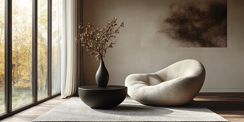 Serene interior design with sculptural chair vase and natural light from large windows