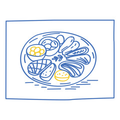 Outline Sea Food Contour Sketch Illustration. Vintage Mediterranean Atmosphere Life Symbol. Travel Rest Resort Vacation Theme. Line Hand Drawn Doodle Card Invitation Poster Print Design. Fresh Meal