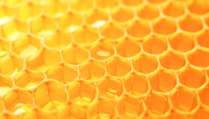 An inviting macro view showcases the intricate geometric pattern of golden honeycombs filled with sweet honey, a natural and organic texture.