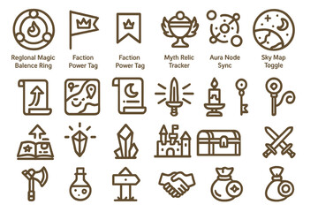 Fototapeta premium Set of fantasy game-related icons, including magic, items, and tools.