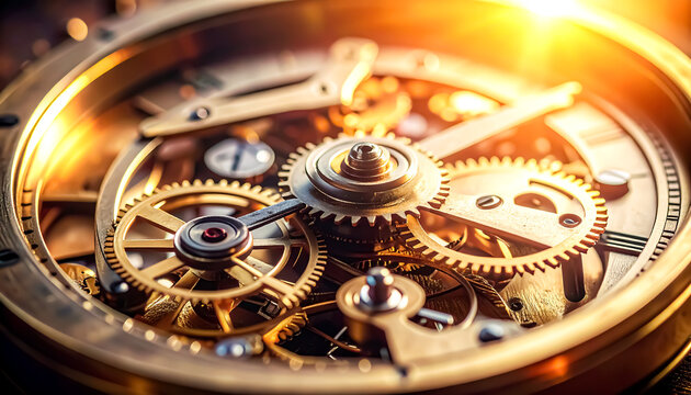 Intricate gold gears and cogs of a vintage timepiece shine brightly, showcasing the beauty of mechanical watchmaking and engineering precision.
