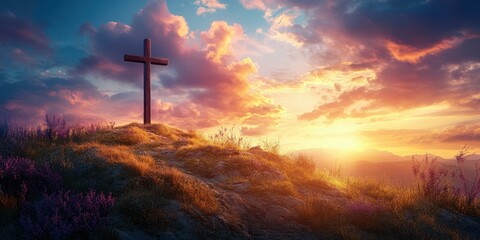 Sunset over a hillside cross with vibrant clouds and serene landscape in the background