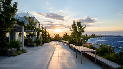 Community Rooftop Solar Panel Garden Evening Sun And Open Foreground