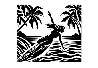 People Surfing Hand Drawn Natural Illustration Stylized as Linocut Vector Isolated by AZ for Books, Arts, Design and Decoration Graphic Asset