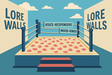 Flat illustration of a boxing ring labeled with tech terms and lore walls