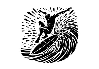 People Surfing Hand Drawn Natural Illustration Stylized as Linocut Vector Isolated by AZ for Books, Arts, Design and Decoration Graphic Asset