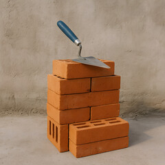 Trowel resting on stack of red clay bricks illustrating masonry preparation for wall construction