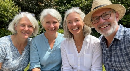 Obraz premium Four Smiling Friends Enjoying a Sunny Day Outdoors