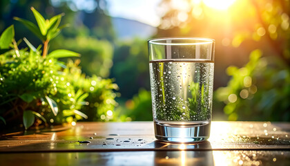 Refreshing glass of water sits outdoors bathed in sunlight, a tranquil scene promoting hydration and wellness in nature.
