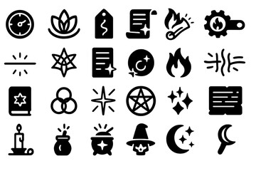 Set of mystical and magical black icons with occult symbols.