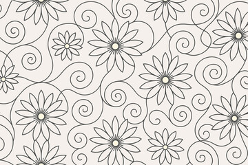 Seamless floral pattern with swirling lines and daisy-like flowers.