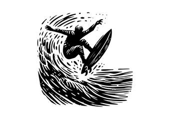 People Surfing Hand Drawn Natural Illustration Stylized as Linocut Vector Isolated by AZ for Books, Arts, Design and Decoration Graphic Asset