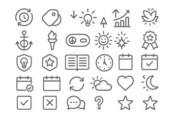 Fototapeta premium Minimalist outline icons for mood, time, goals, and wellness themes