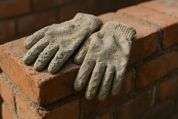 Concrete-coated work gloves placed on brick ledge highlighting protective gear for masonry repair tasks