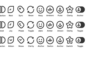 Modern UI icon set with labels and bold monochrome style