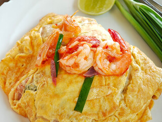 Pad Thai with Fresh Shrimp Wrapped in Egg