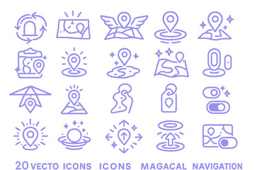Glowing neon icons of magical maps and navigation elements in violet