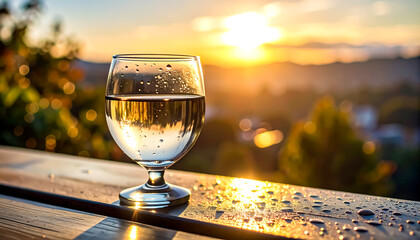 A refreshing drink in a wine glass glistens with water droplets, set against a stunning golden sunset and scenic landscape.
