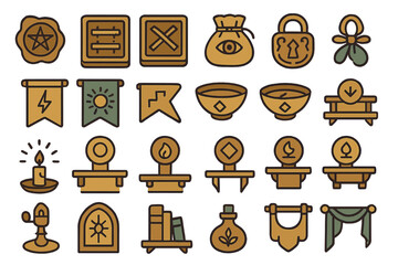 A collection of mystical and decorative icons including candles, symbols, banners, and mystical items like potions and altars.