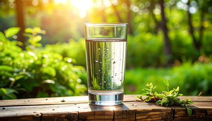 A glass of refreshing water glistens in sunlight amidst lush green foliage, promising hydration and a natural healthy lifestyle.