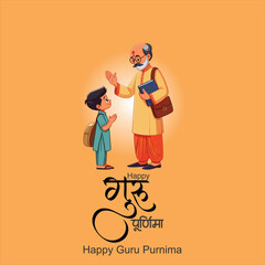 happy Guru Purnima teacher blassing indian  elder, digital illustration, vibrant colors, traditional indian art style teacher is blassing student guru purnima hindi calligraphy