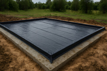 Concrete foundation slab edge lined with waterproof membrane installed above ground level preparing for building envelope protection