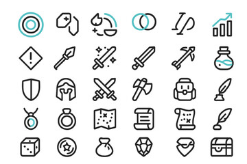 Set of fantasy game icons with glowing accents on dark background