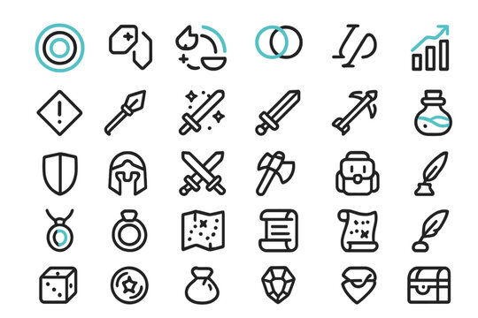 Set of fantasy game icons with glowing accents on dark background