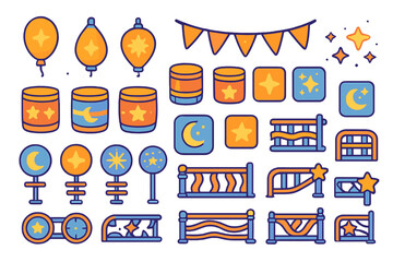 A collection of colorful festive icons featuring stars, moons, balloons, and decorative elements for celebrations.