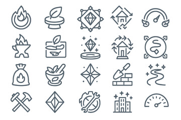 Outlined fantasy icon set featuring fire, nature, crafting, and magic elements
