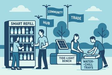 An eco-friendly community hub featuring a smart refill station, solar-powered benches, and water-chill trays.