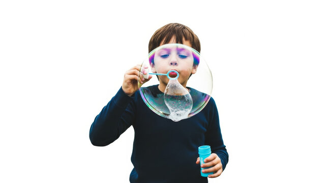 A boy blowing a large soap bubble with a wand against a plain white background in an outdoor setting