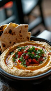 Delicious hummus served with warm flatbread and fresh toppings at a cozy restaurant