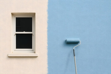 Exterior wall half painted in sky blue with roller creating crisp divide illustrating color application in facade renovation