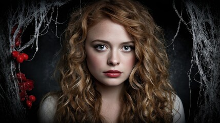 Woman with curly red hair surrounded by spider webs and red berries creating a mysterious atmosphere