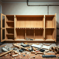 Debris-strewn workshop cabinet with open doors showcasing deconstruction phase of carpentry fixture removal