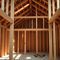 Interior of timber frame house under construction showing exposed studs and ceiling joists in framing phase
