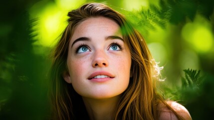 A young woman with bright blue eyes gazes upward in a lush green forest setting