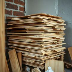 Stack of wooden boards piled in workshop under ambient light ready for flooring installation in renovation project