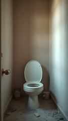 Compact toilet bowl installed in cramped renovation space awaiting connectivity to plumbing system