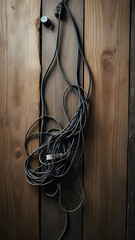 Coiled electrical cables hanging on wooden board ready for preliminary wiring installation in renovation workspace