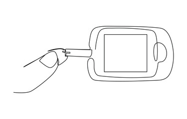 World diabetes day in November. Continuous one  line art of persons using glucometer and keeping blood sugar levels in check.