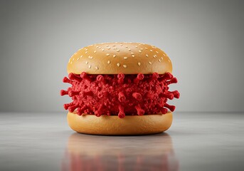 Burger filled with red virus cells on a neutral backdrop