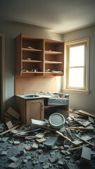 Kitchen cabinet deconstructed with debris scattered on floor demonstrating demolition stage in kitchen renovation workflow