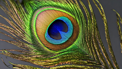 Exquisite peacock feather displays iridescent hues of blue, green, and gold creating a stunning natural detail.