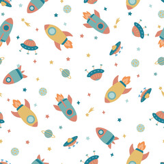 Seamless print with spaceships, planets, stars and rockets.
