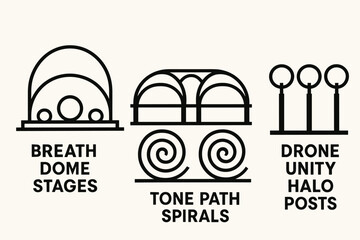 Abstract black line icons of futuristic dome, spirals, and drone posts