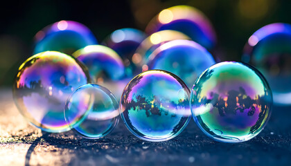 Glistening soap bubbles showcase vibrant iridescent colors, catching the light in a beautiful display of ephemeral beauty and delicate texture.